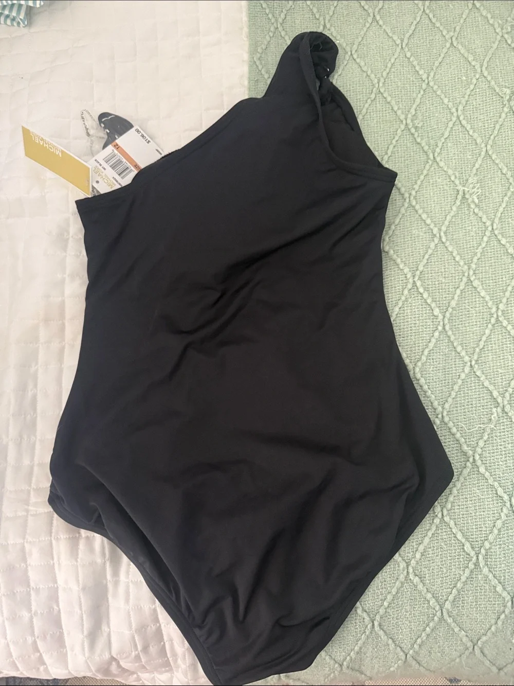 Michael Kors Black One-Shoulder Ruched One-Piece Swimsuit NWT size 12